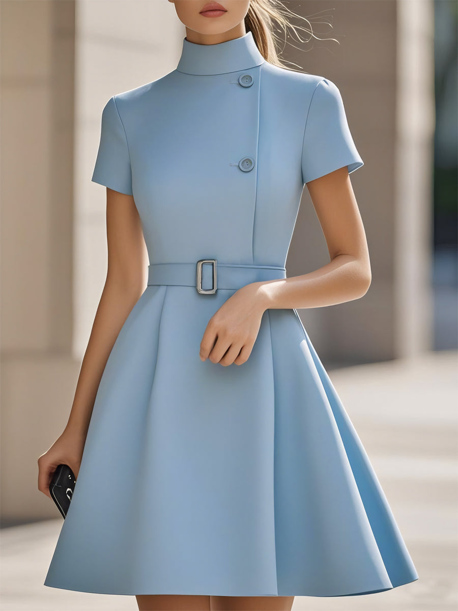 Women's Mini Dress | High Collar, Waist Belt | A-line Party Dress