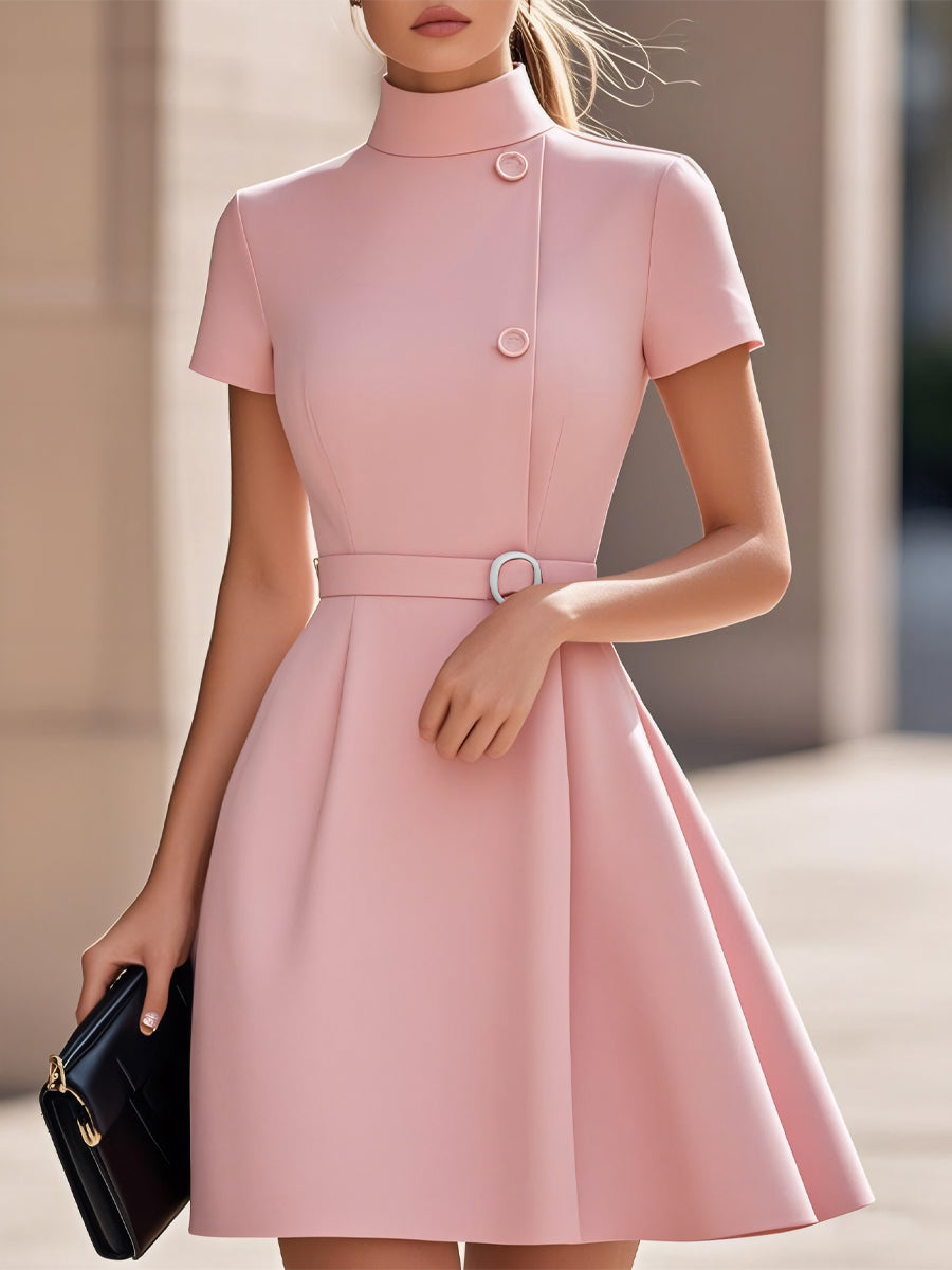 Women's Mini Dress | High Collar, Waist Belt | A-line Party Dress