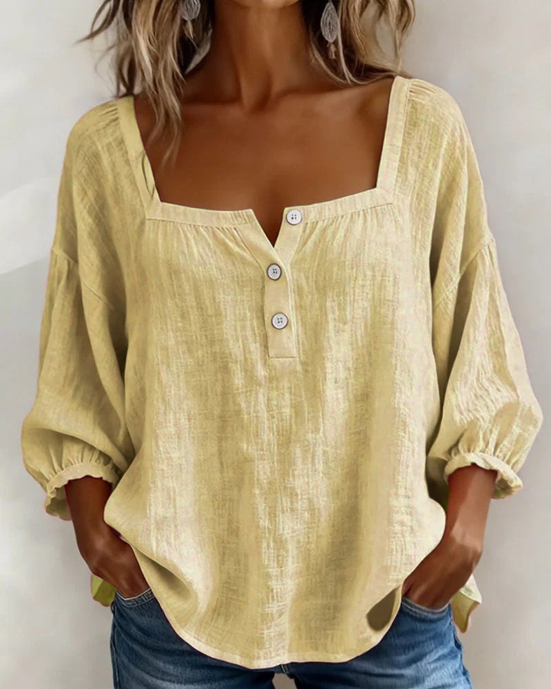 Women's Blouse | Square Neckline, 3/4 Sleeves | Cotton-Linen
