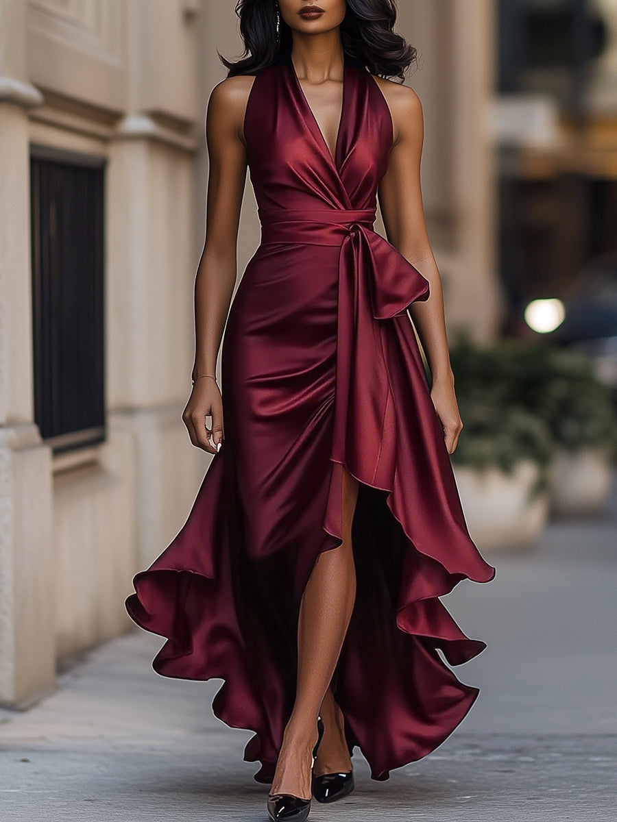 Women's Evening Dress | Halterneck, Satin Dress | Wrap Style, Maxi Length