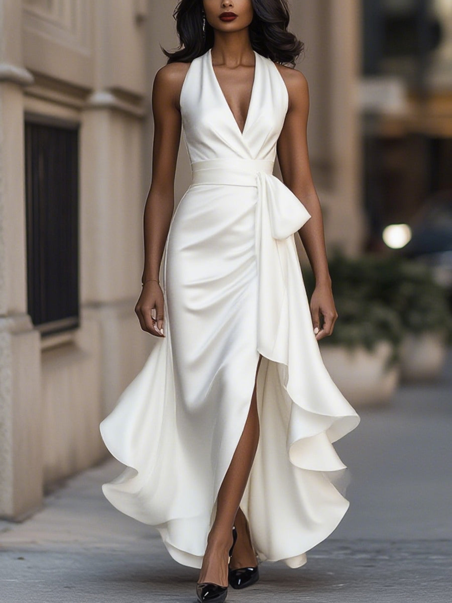 Women's Evening Dress | Halterneck, Satin Dress | Wrap Style, Maxi Length