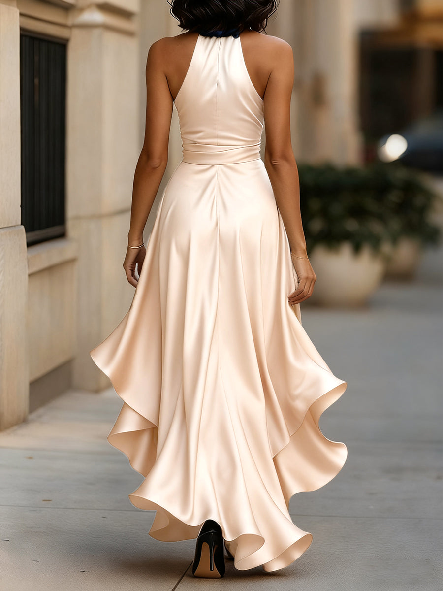 Women's Evening Dress | Halterneck, Satin Dress | Wrap Style, Maxi Length