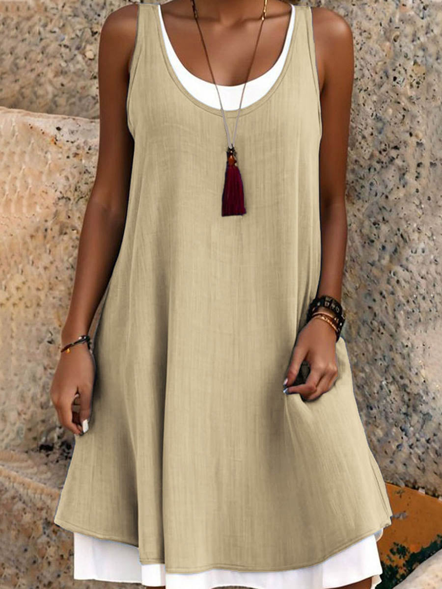 Women's midi dress | A-line, sleeveless | U-neck, loose polyester dress