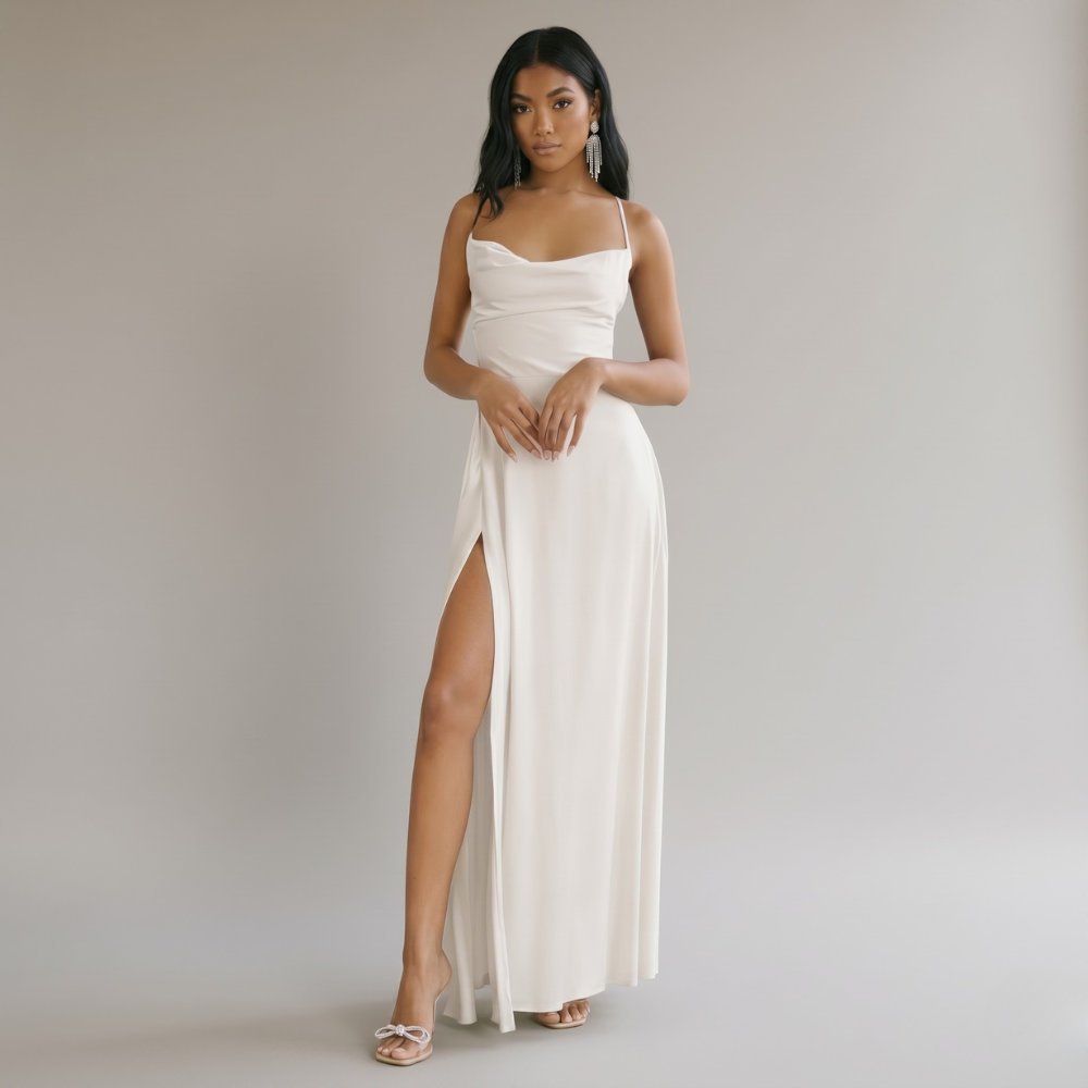 Long Elegant Silk Dress - Braided Back Party Dress