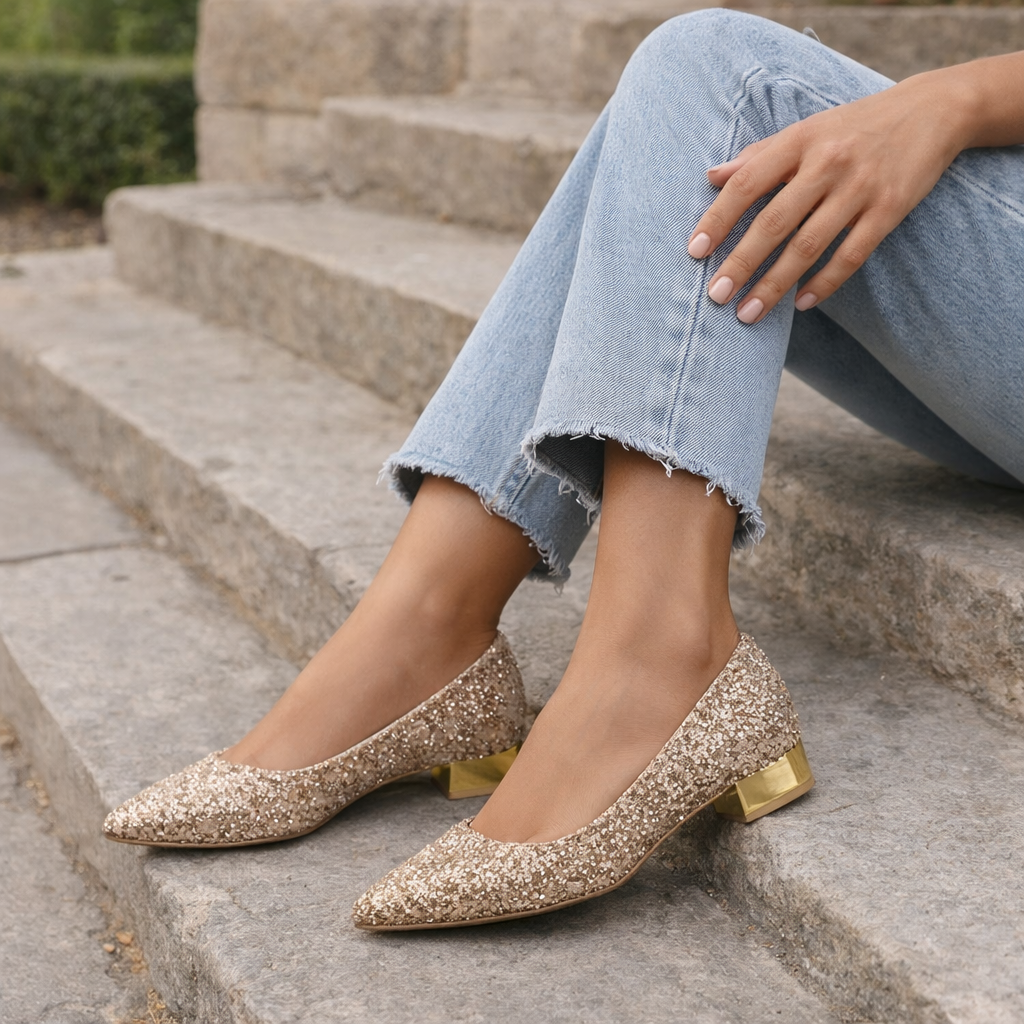 Party shoes | Women, sequins | Low heel, elegant style