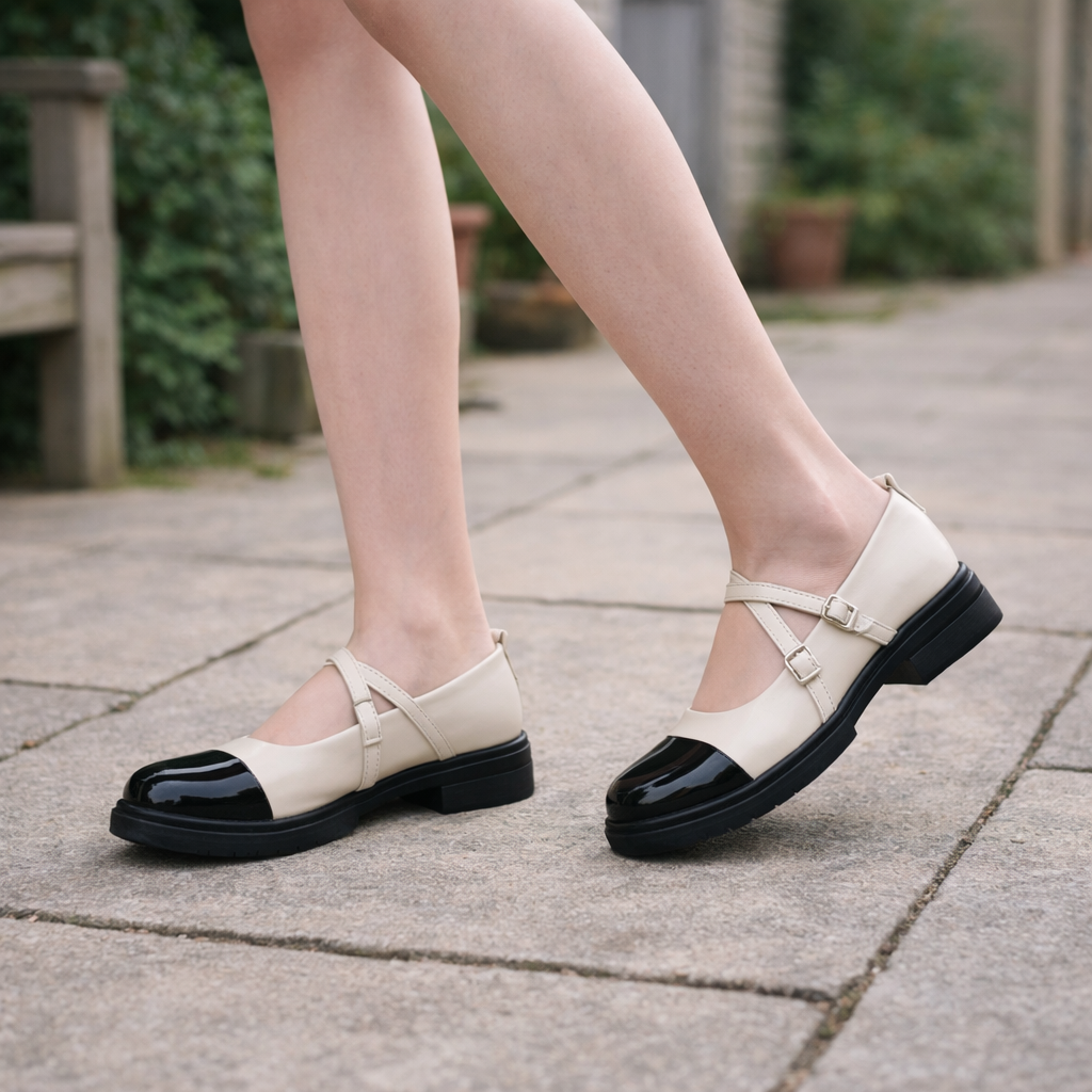 Women's Mary Jane Shoes | Two-Tone Ballerina, Double Strap | Polished Toe