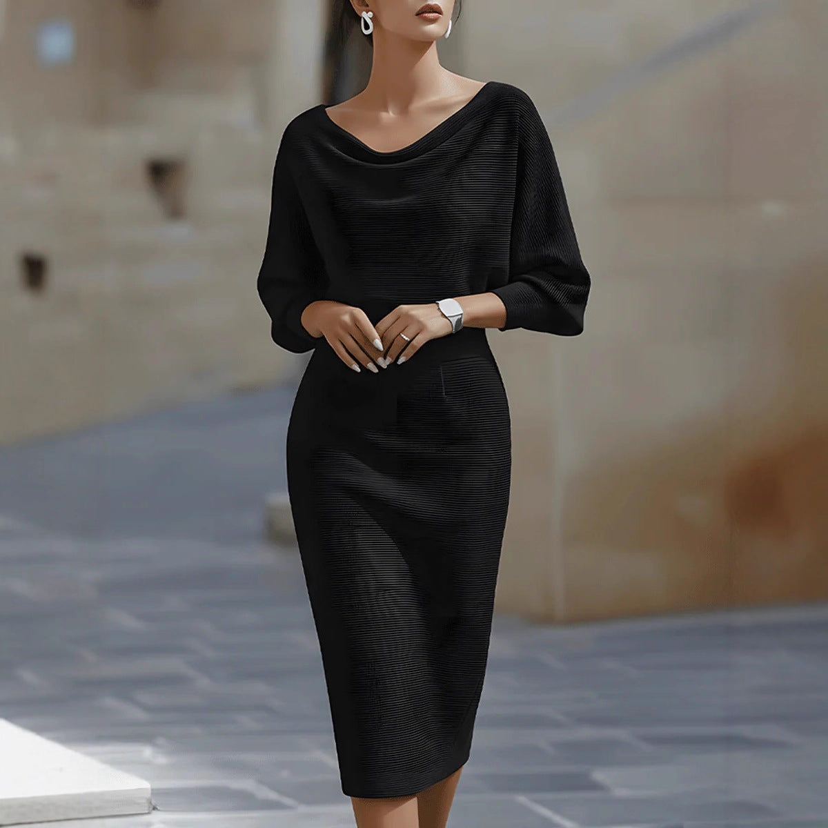Women's Midi Dress | Boat Neck, 3/4 Sleeves | Elegant Sheath Dress