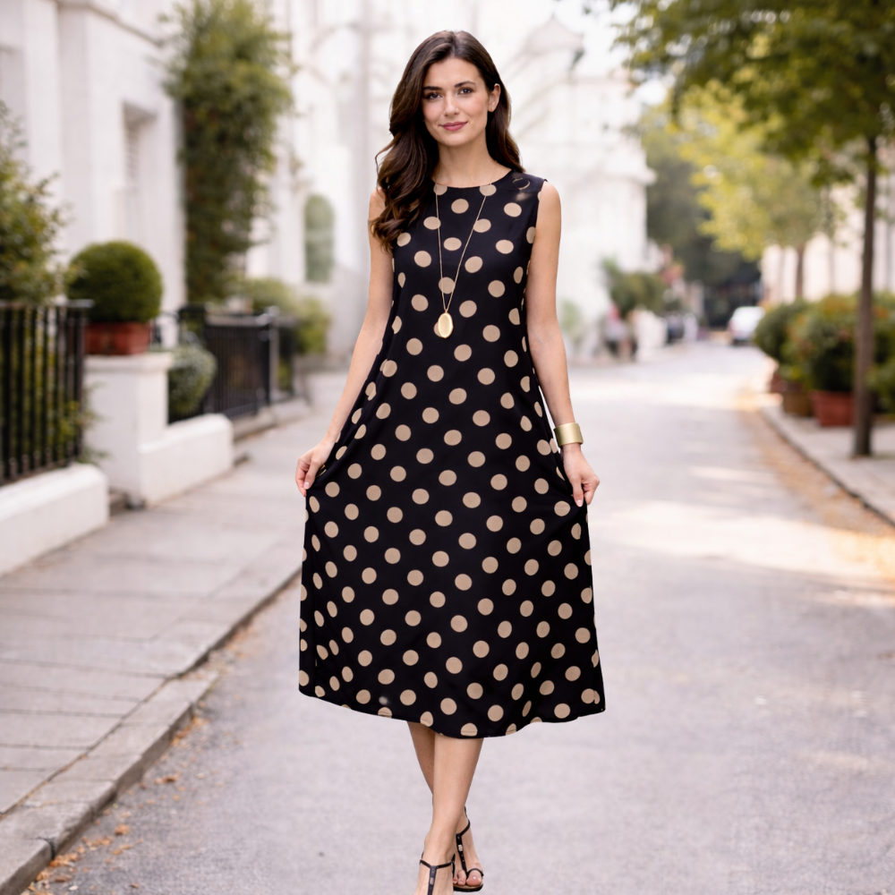 Women's Polka Dot Long Dress | Tummy Shaper, Flowing | Black