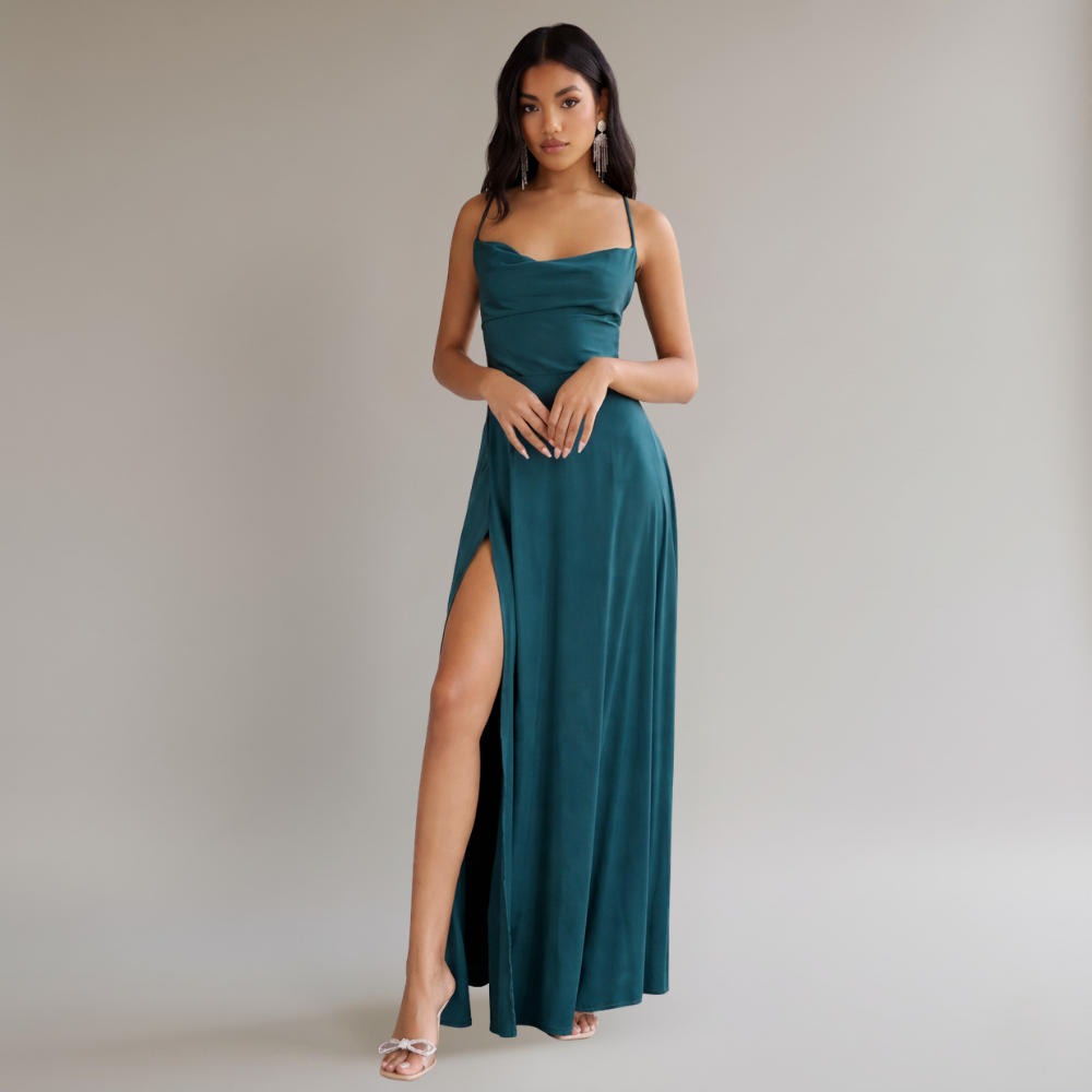 Long Elegant Silk Dress - Braided Back Party Dress