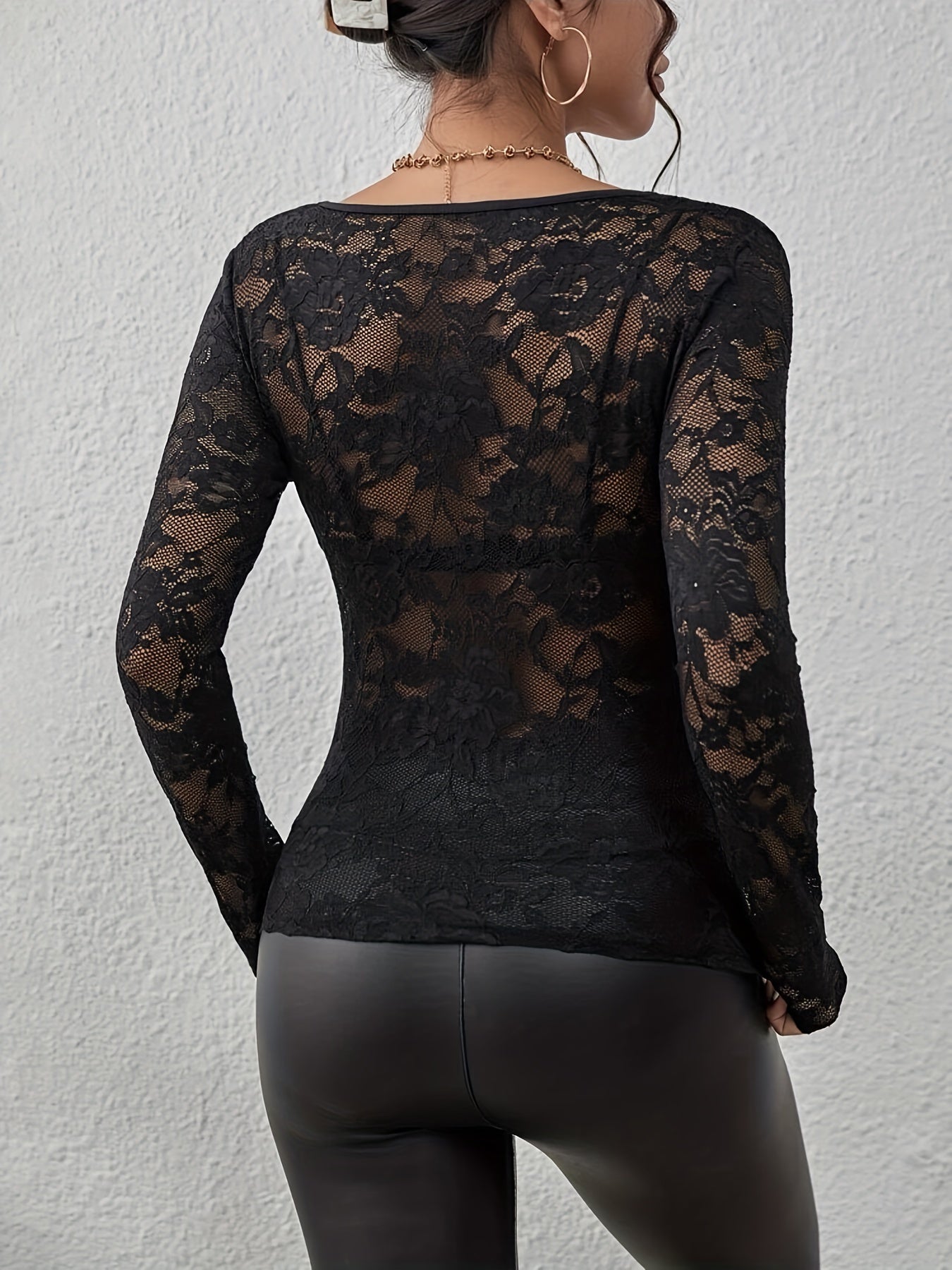 Lace shirt | Women's sheer, floral patterned top | V-neck, long-sleeve