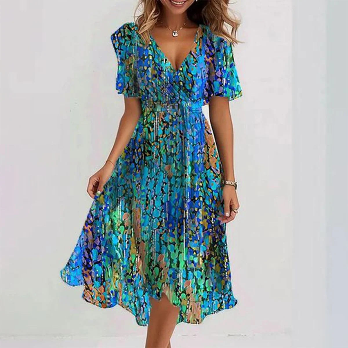 Women's summer dress | Floral wrap dress, V-neck | Midi