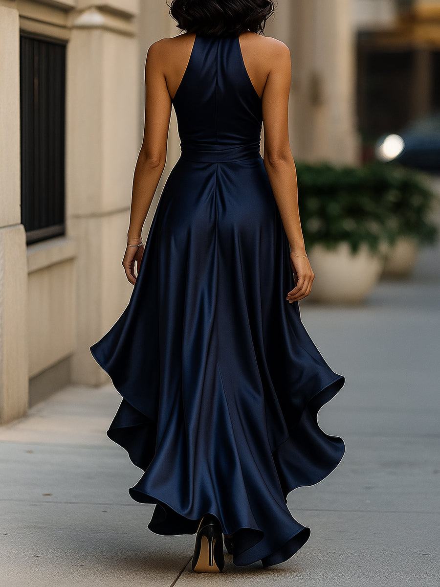 Women's Evening Dress | Halterneck, Satin Dress | Wrap Style, Maxi Length