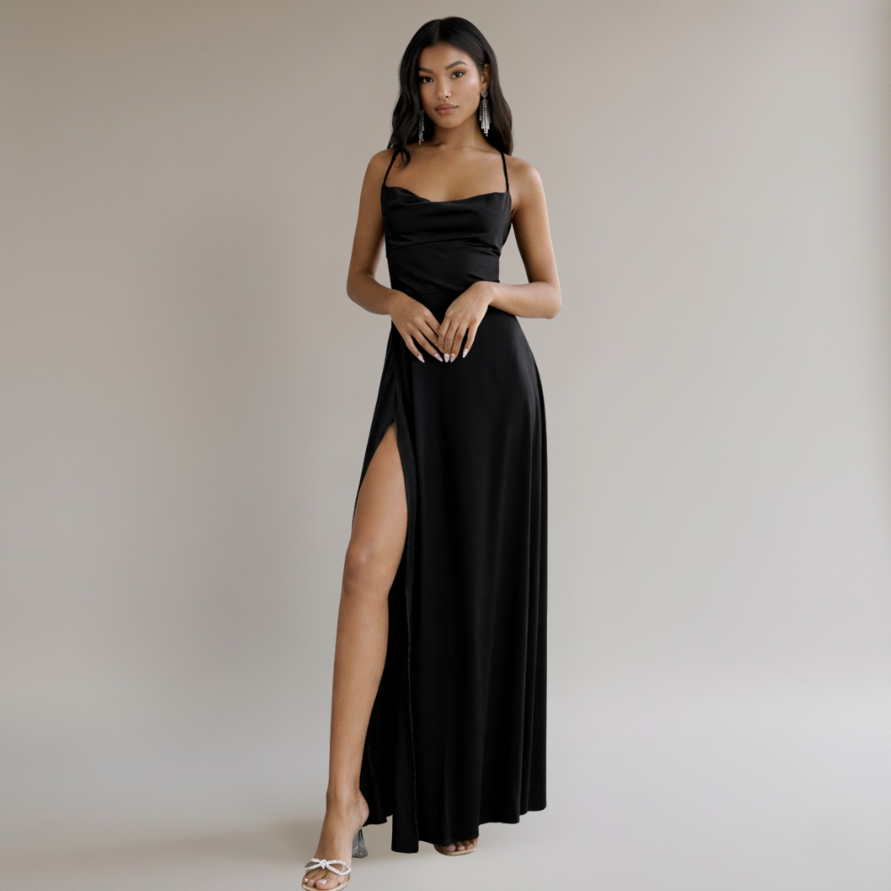 Long Elegant Silk Dress - Braided Back Party Dress