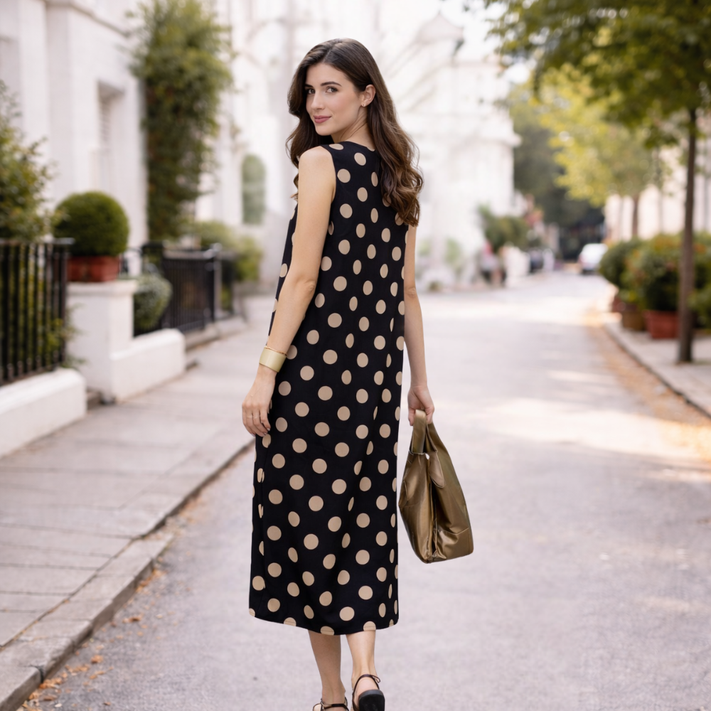 Women's Polka Dot Long Dress | Tummy Shaper, Flowing | Black