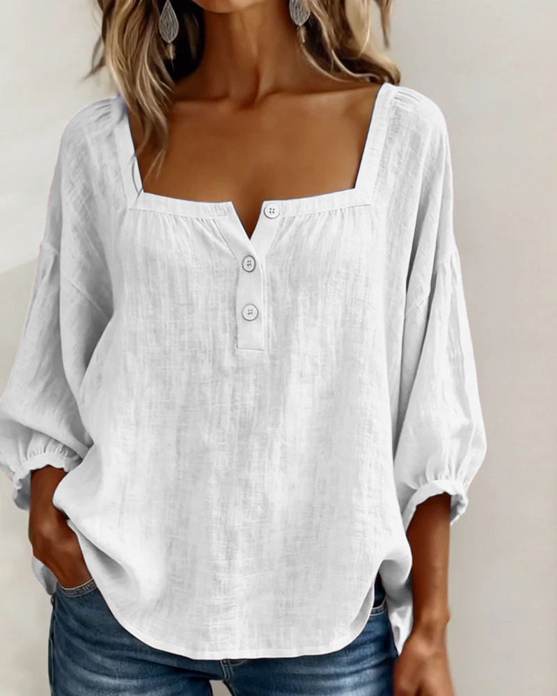 Women's Blouse | Square Neckline, 3/4 Sleeves | Cotton-Linen