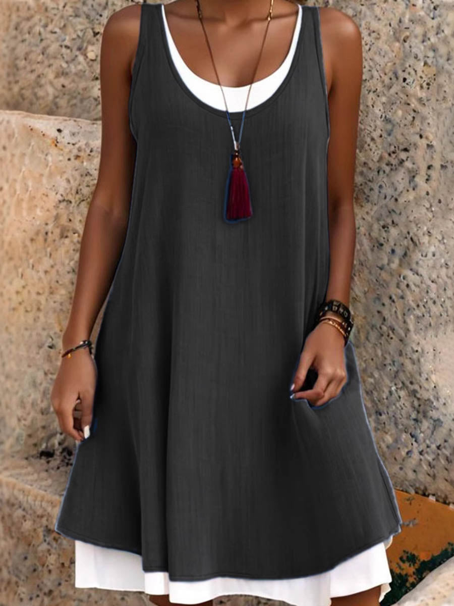 Women's midi dress | A-line, sleeveless | U-neck, loose polyester dress