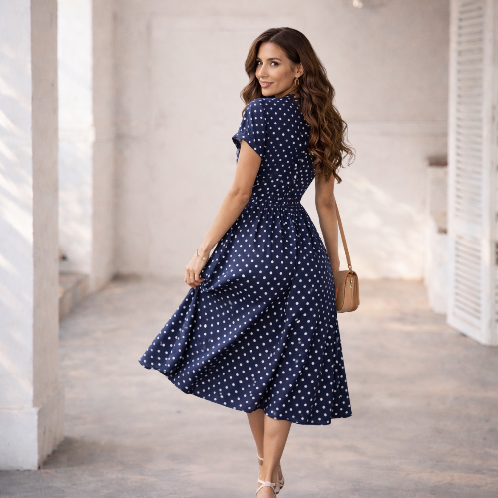 Polka Dot Dress | Casual Midi Dress with Lace and Button Details