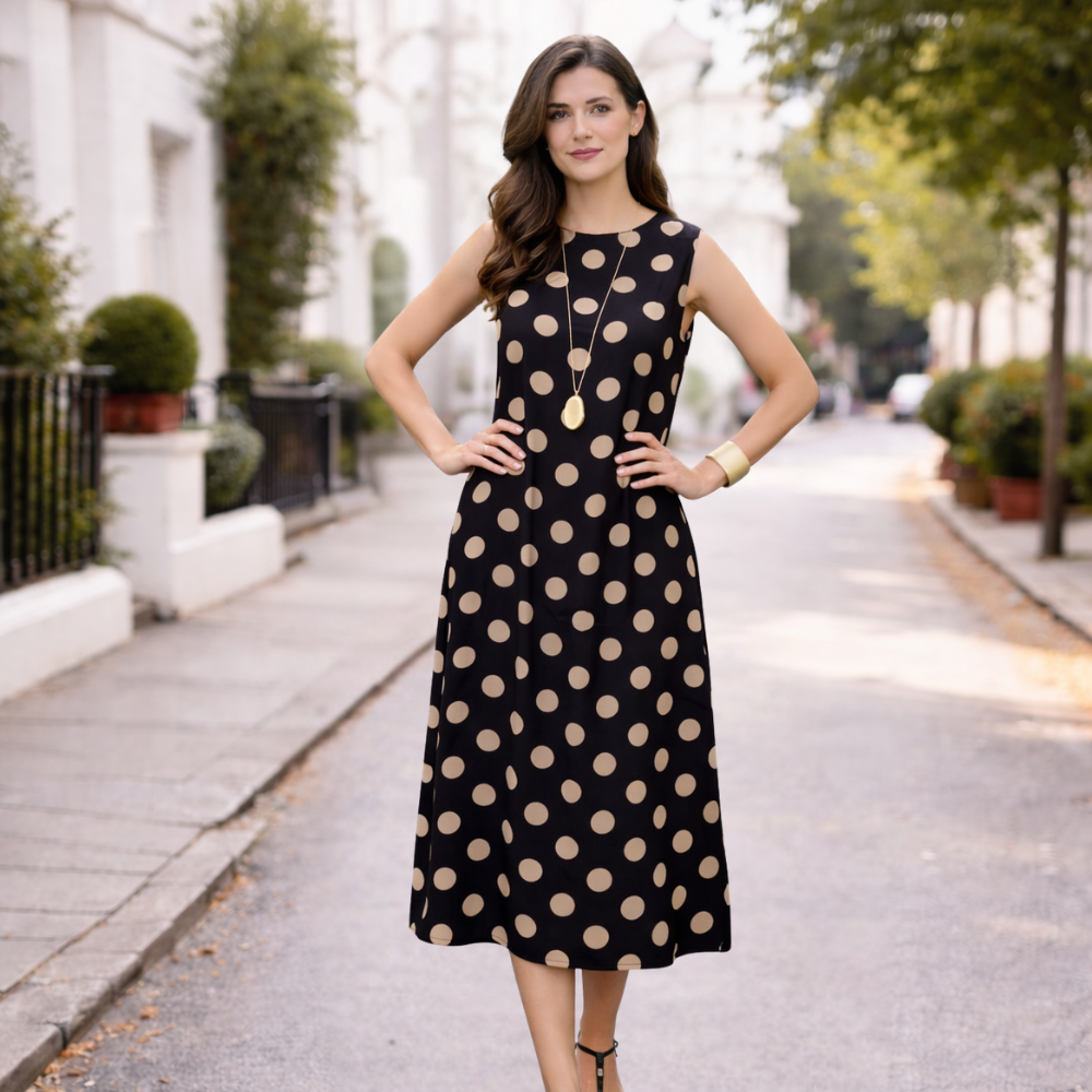 Women's Polka Dot Long Dress | Tummy Shaper, Flowing | Black