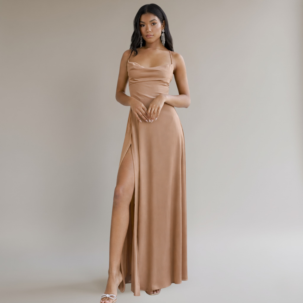Long Elegant Silk Dress - Braided Back Party Dress