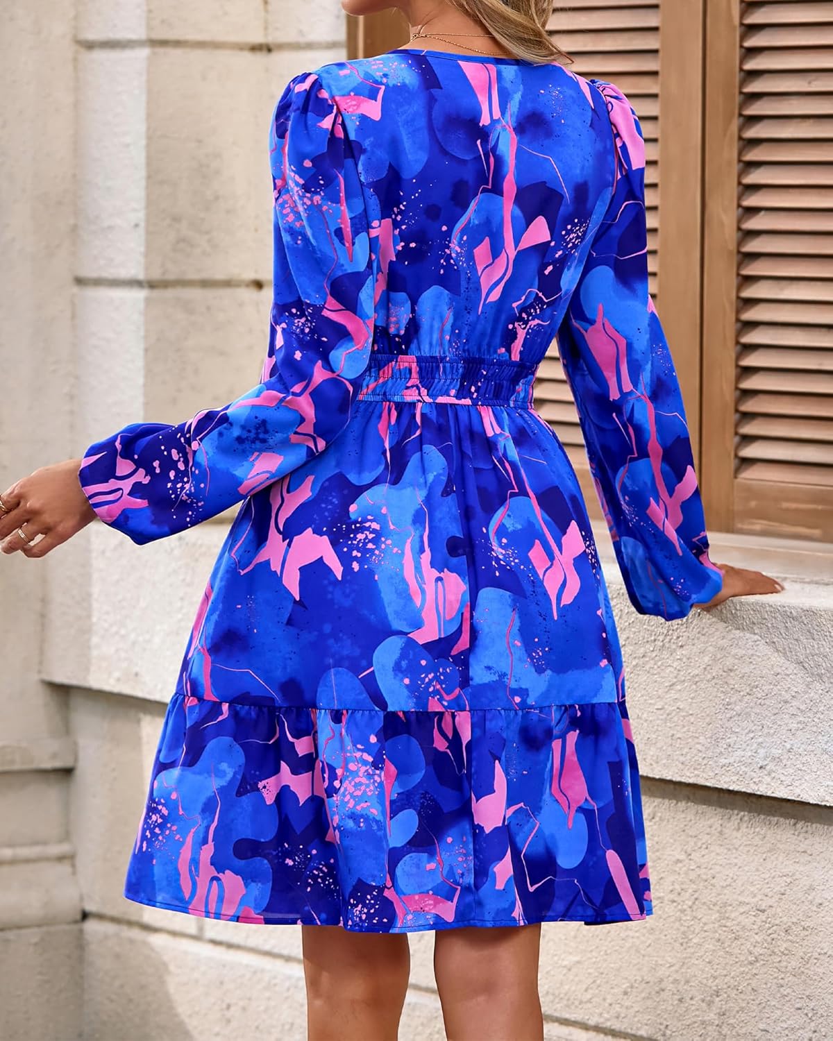 Women's Dress | Blue, V-neck, long sleeves, with elastic waistband