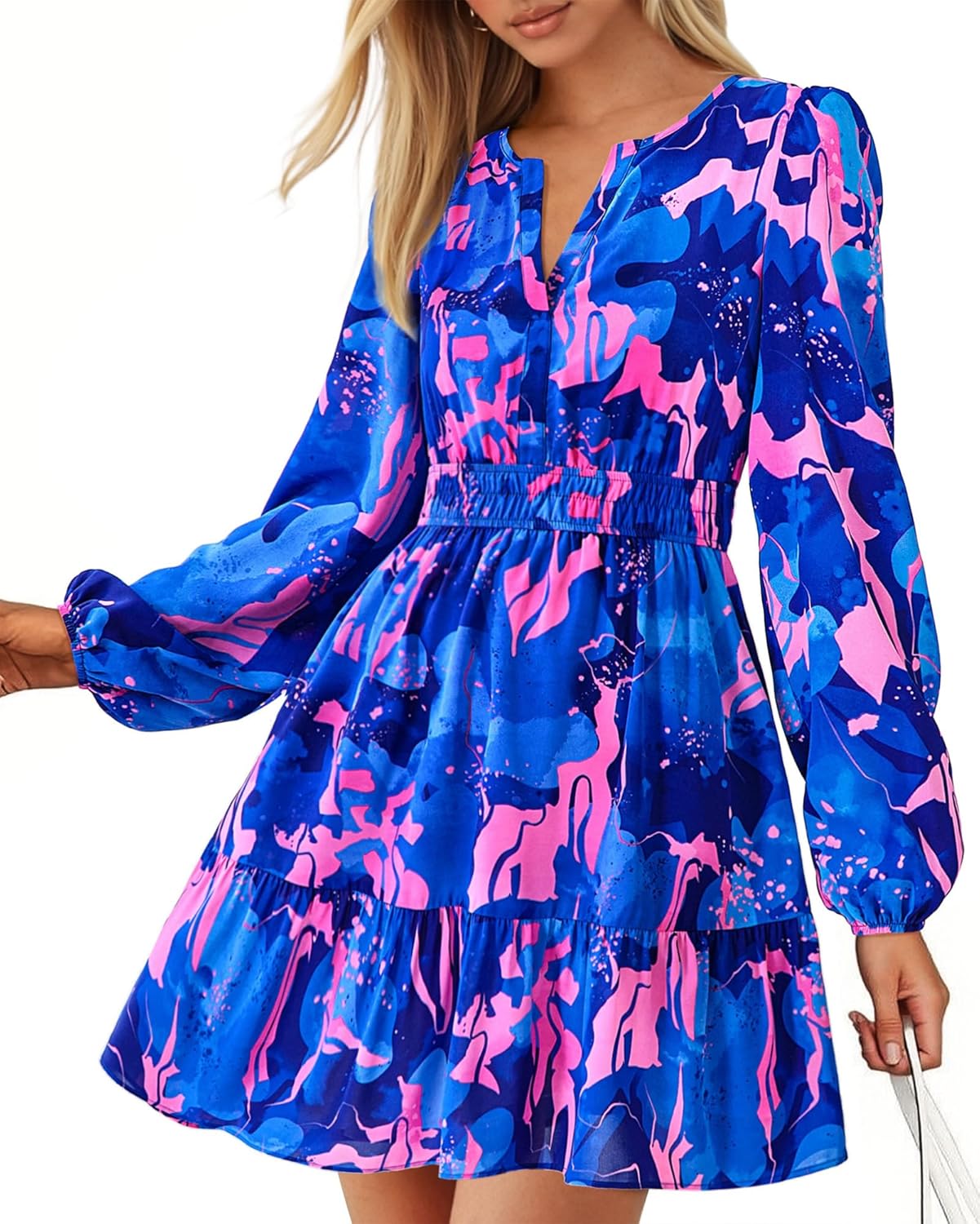 Women's Dress | Blue, V-neck, long sleeves, with elastic waistband