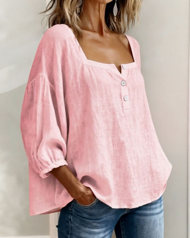 Women's Blouse | Square Neckline, 3/4 Sleeves | Cotton-Linen