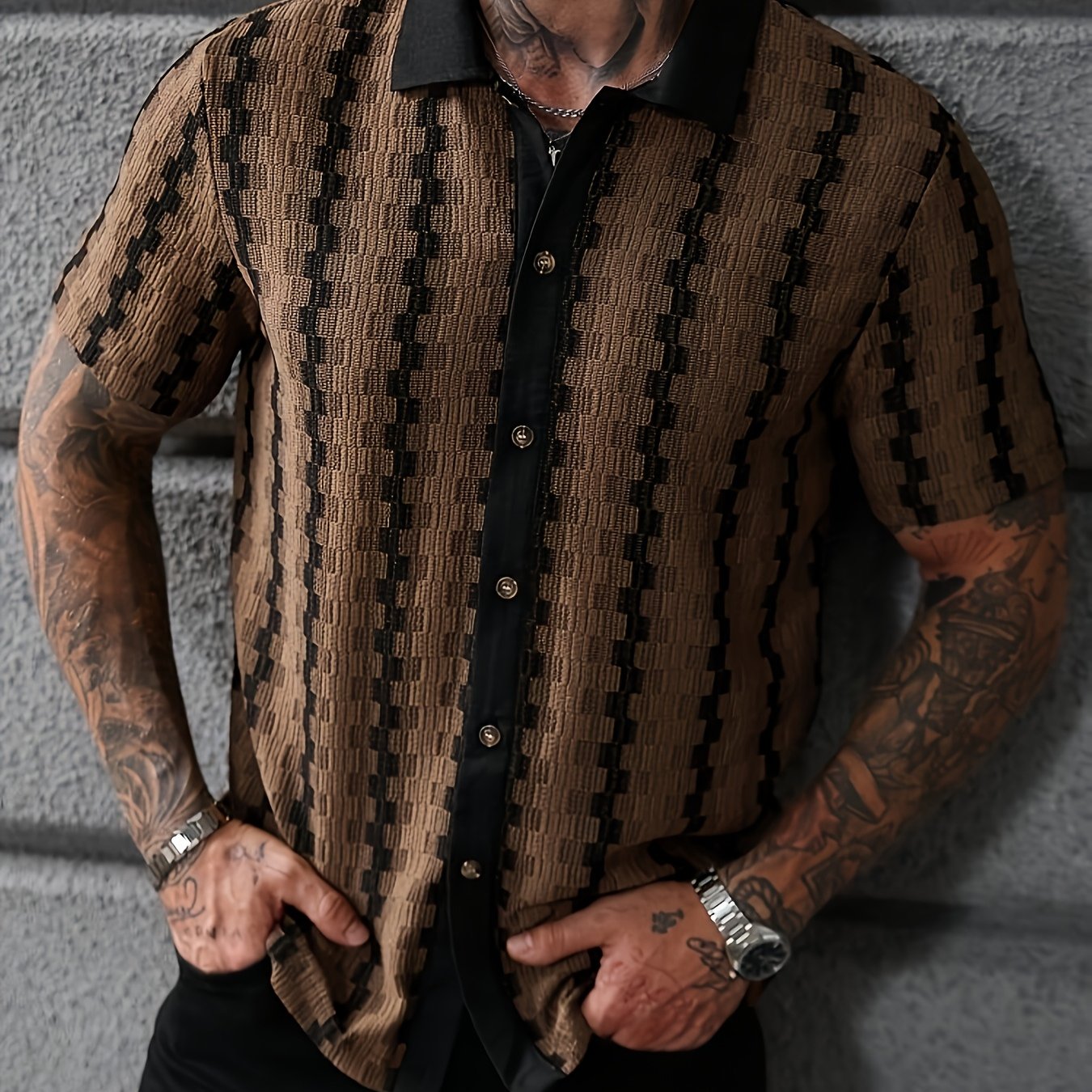 Dress Shirt | Men's Striped, Short Sleeve | Retro Pattern