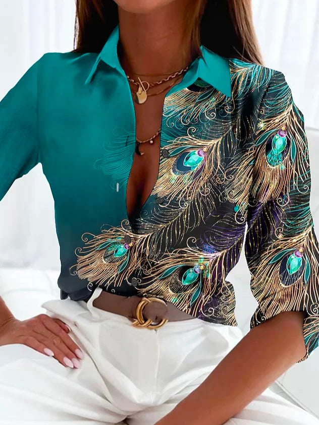 Women's shirt blouse feather print lightweight fabric