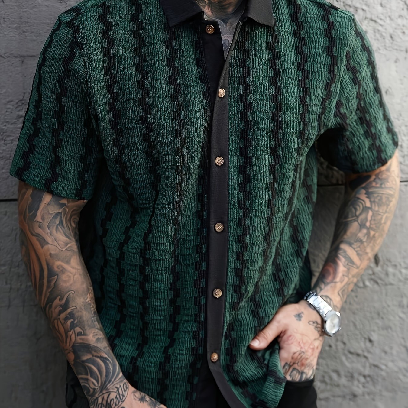 Men's knitted shirt | Short-sleeved, geometric pattern | Retro casual shirt