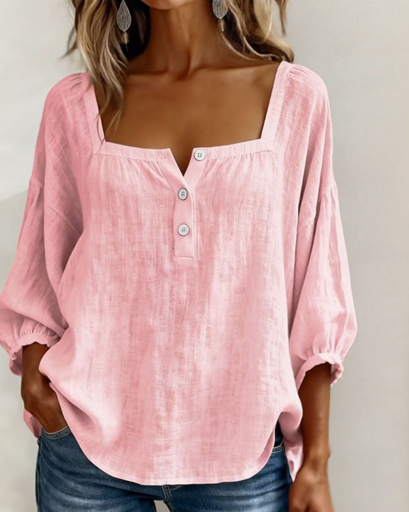 Women's Blouse | Square Neckline, 3/4 Sleeves | Cotton-Linen