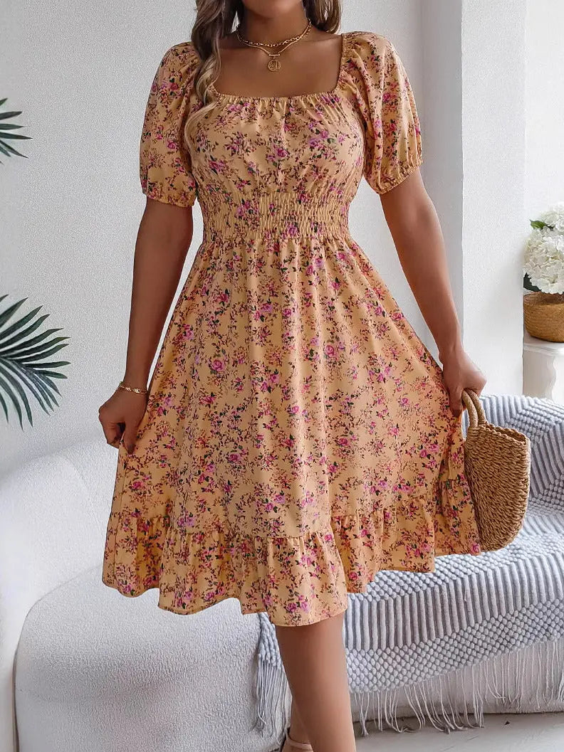 Party dress with square neckline and high waist