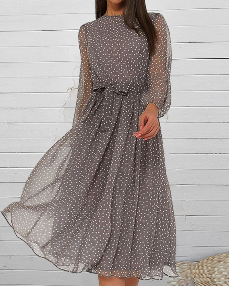 Women's Dress | Gray Polka Dot, Trapeze Shape | Long Sleeve