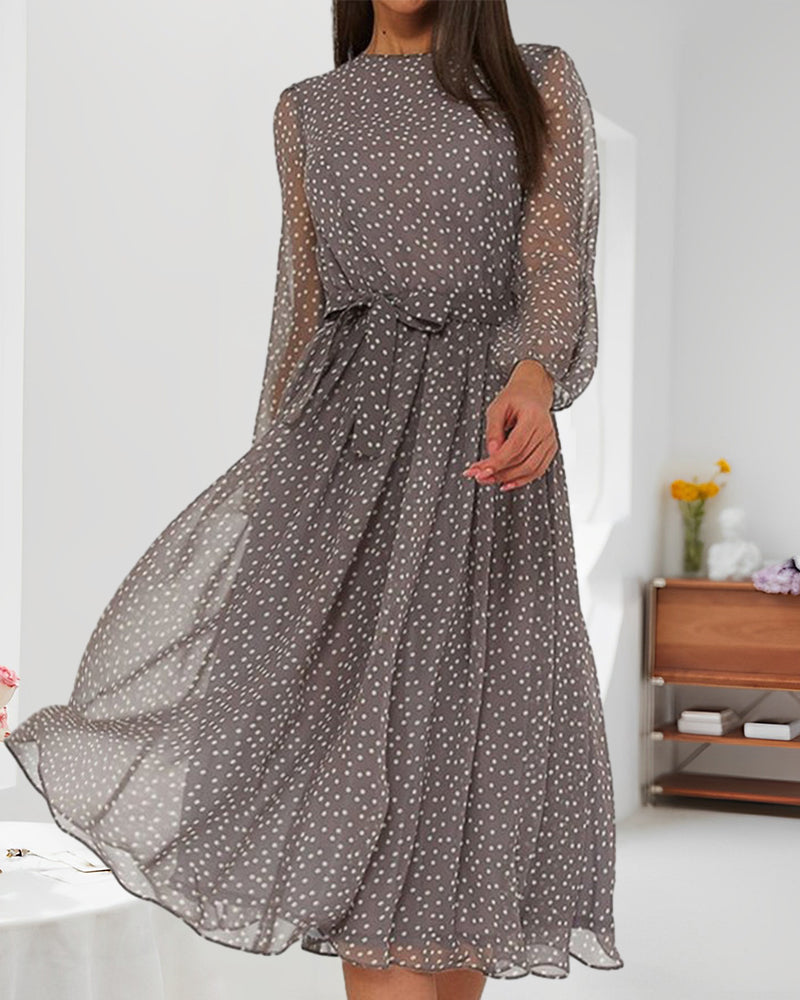 Women's Dress | Gray Polka Dot, Trapeze Shape | Long Sleeve