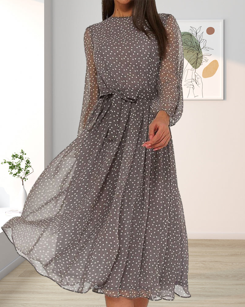 Women's Dress | Gray Polka Dot, Trapeze Shape | Long Sleeve