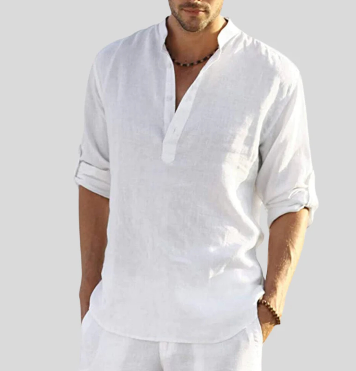Men's Long-Sleeve Shirt | Loose Fit, Stand-Up Collar