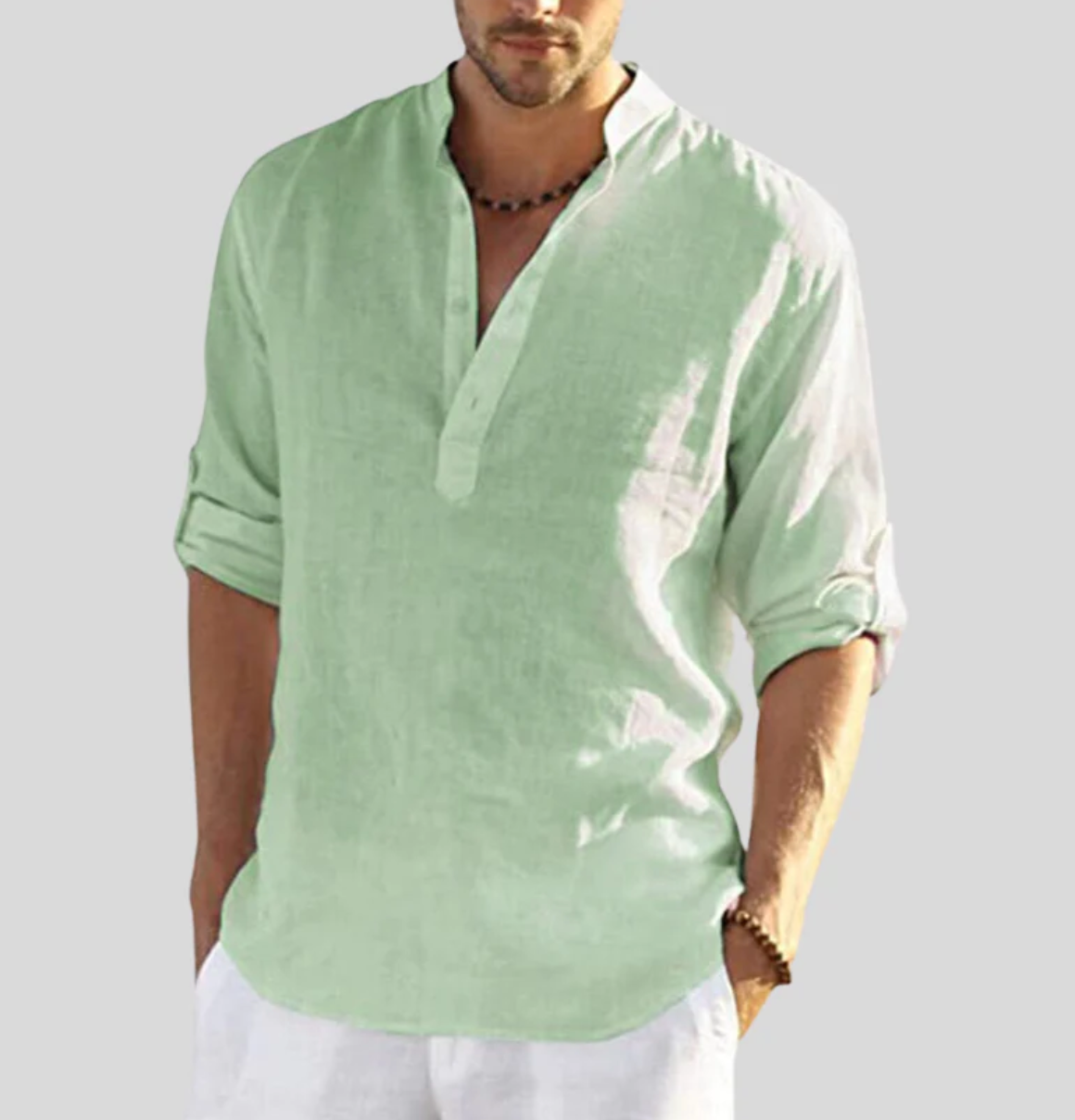 Men's Long-Sleeve Shirt | Loose Fit, Stand-Up Collar