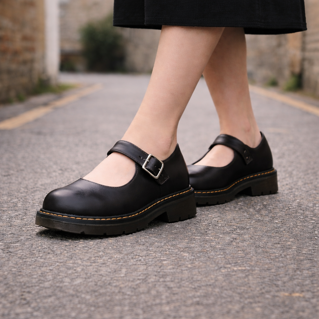 Women's Mary Jane shoes | Flat sole, thick sole part | Leather loop strap