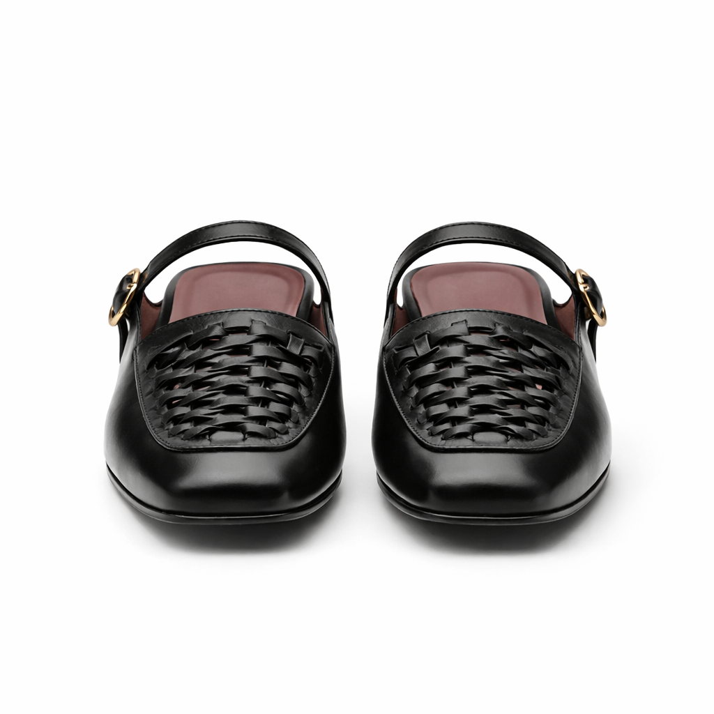 Women's Mary Jane mules | Woven synthetic material with square toe | Brown, Black