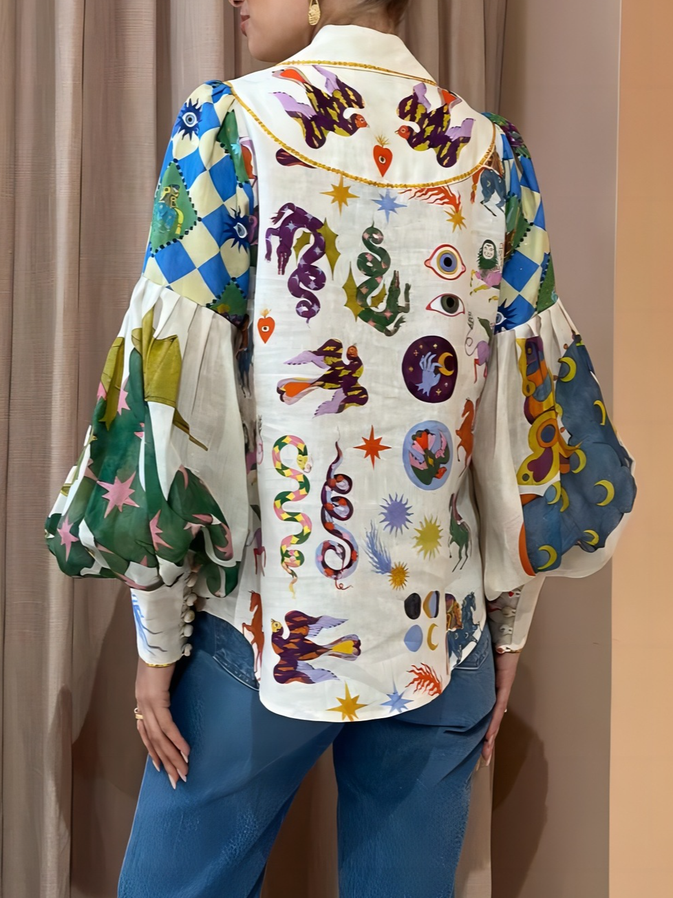 Women's Blouse | Pop-Art Print and Puff Sleeves