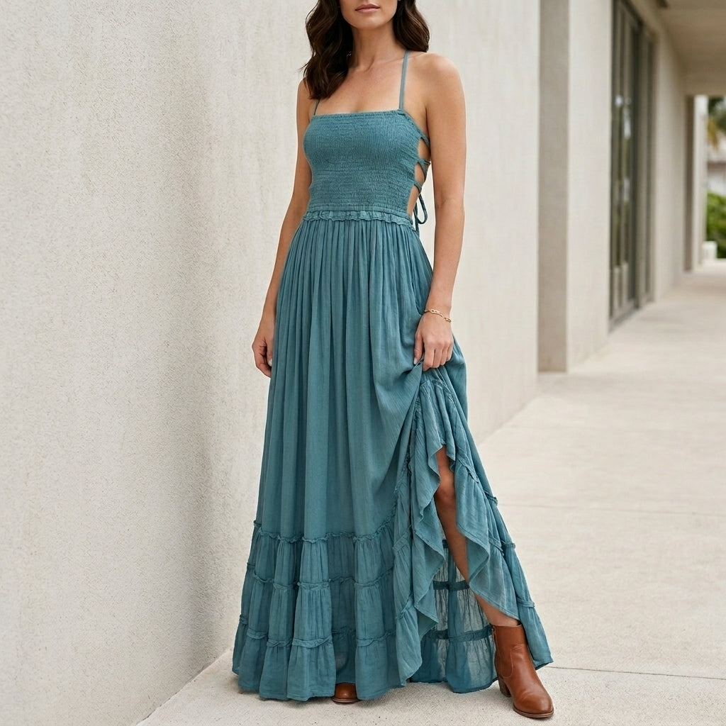 Maxi Dress | Open Back, Smocked | Bohemian Summer Style