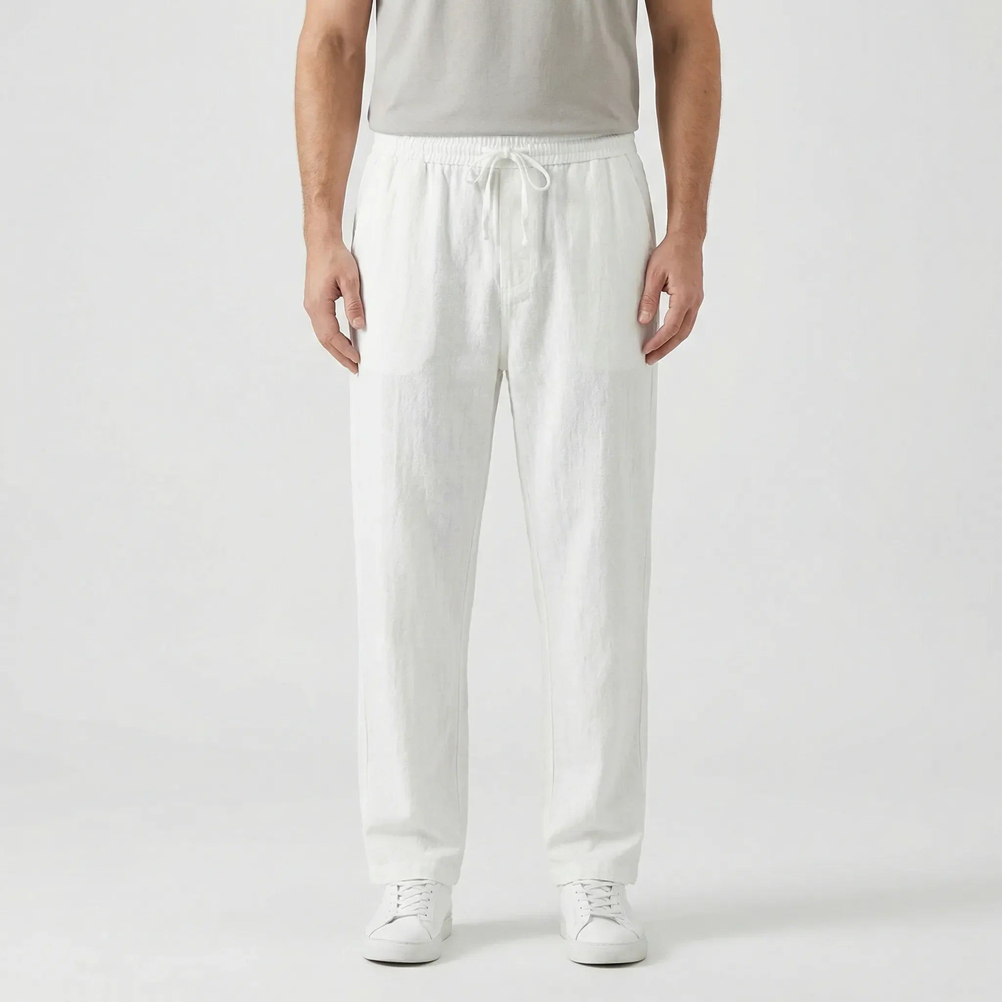 Men's linen pants with breathable material and elastic waistband