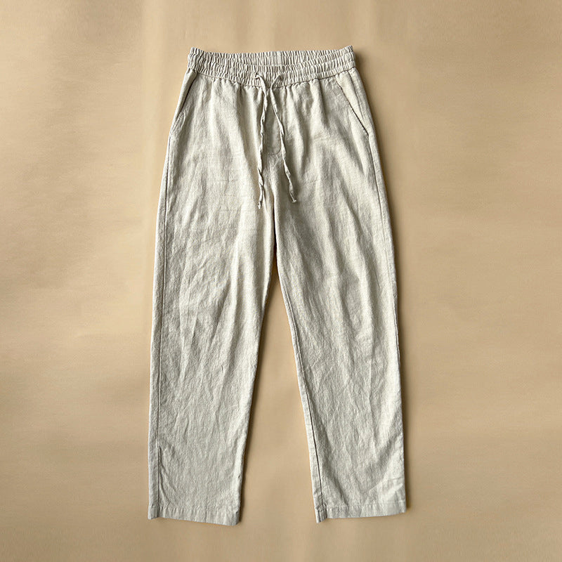 Men's linen pants with breathable material and elastic waistband