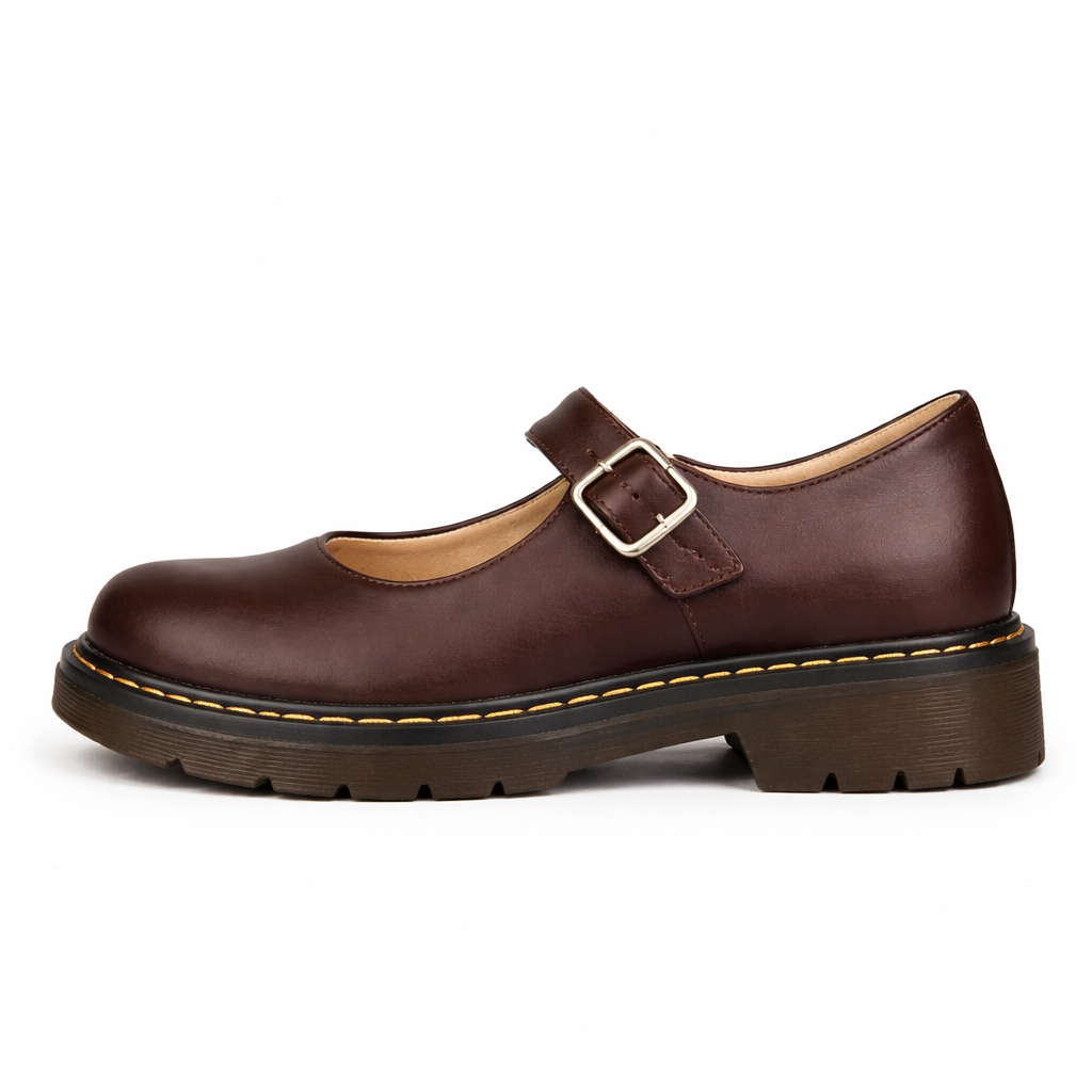 Women's Mary Jane shoes | Flat sole, thick sole part | Leather loop strap