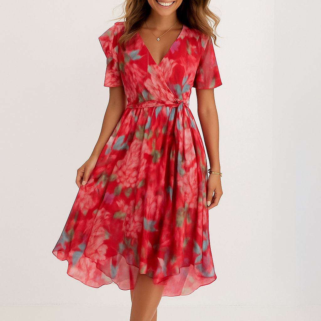 Women's summer dress | Floral wrap dress, V-neck | Midi