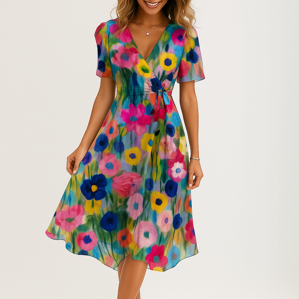 Women's summer dress | Floral wrap dress, V-neck | Midi