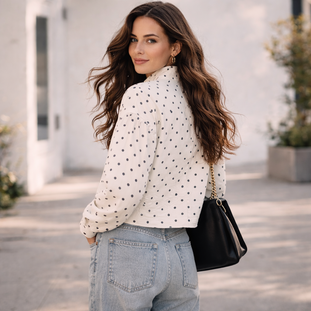 Women's Short Jacket | Modern Polka Dot Pattern, High Collar