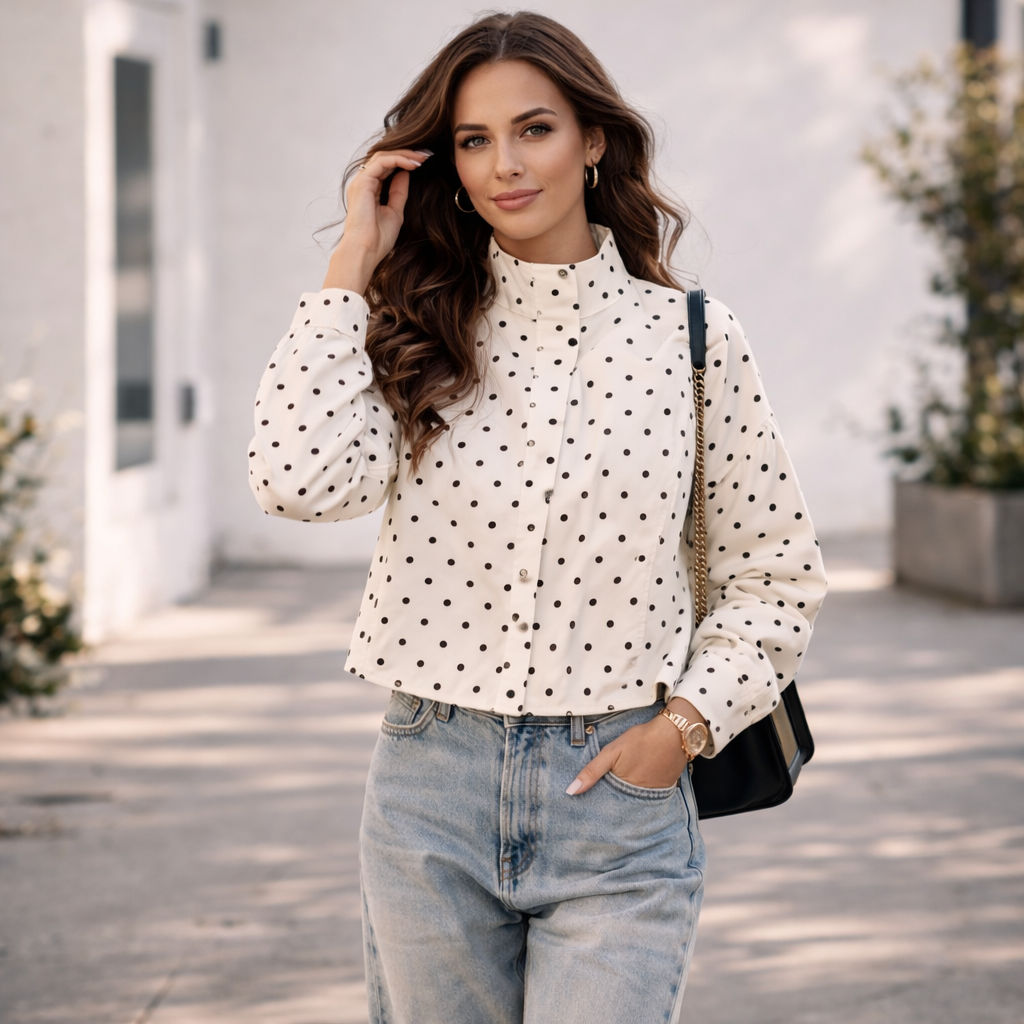 Women's Short Jacket | Modern Polka Dot Pattern, High Collar
