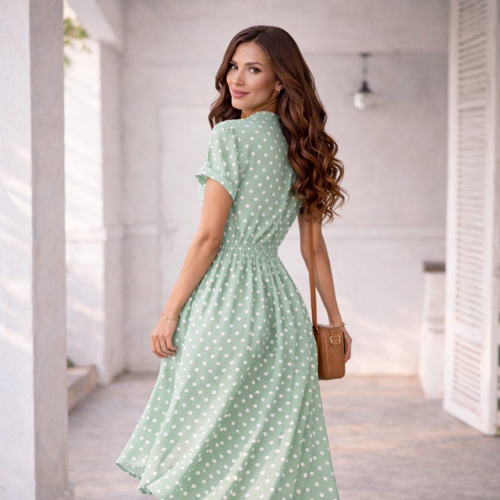 Polka Dot Dress | Casual Midi Dress with Lace and Button Details