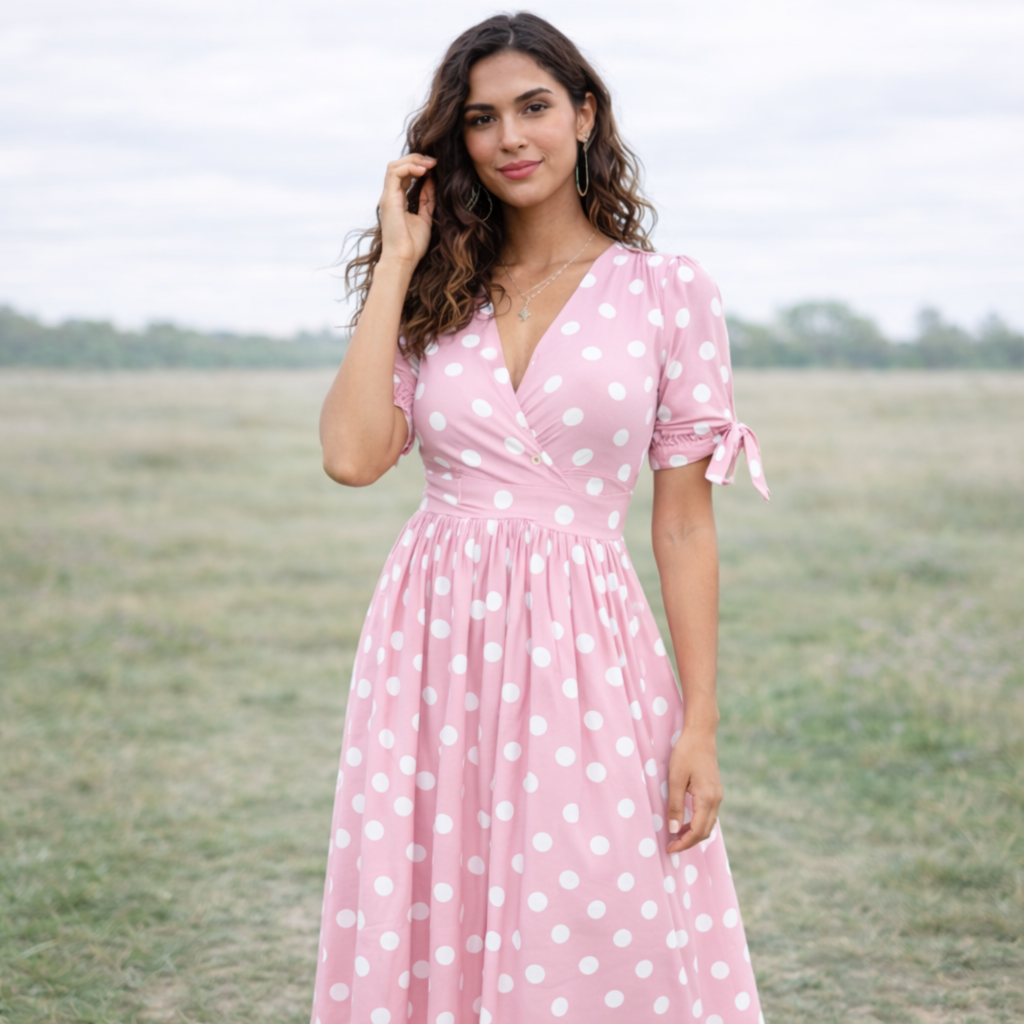 Polka Dot Dress | Women, V-Neck | Buttoned Front