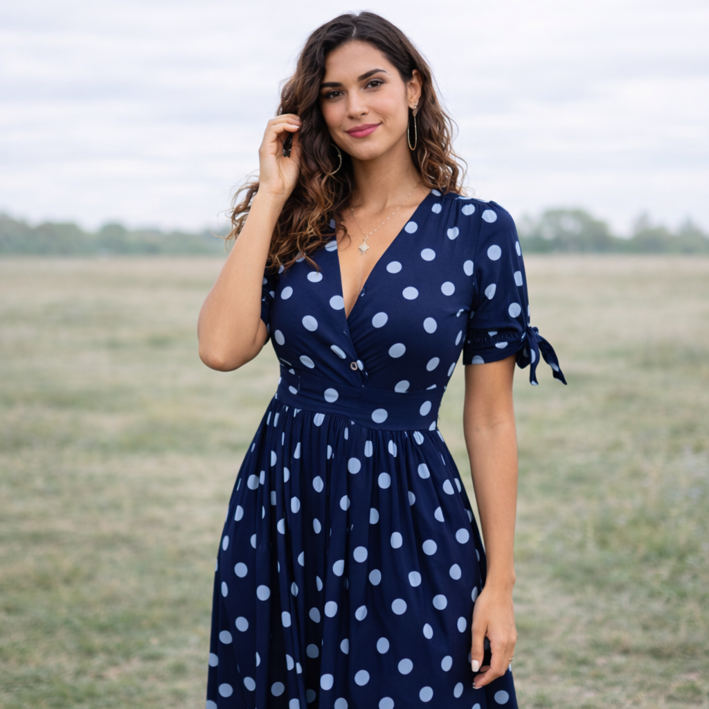 Polka Dot Dress | Women, V-Neck | Buttoned Front